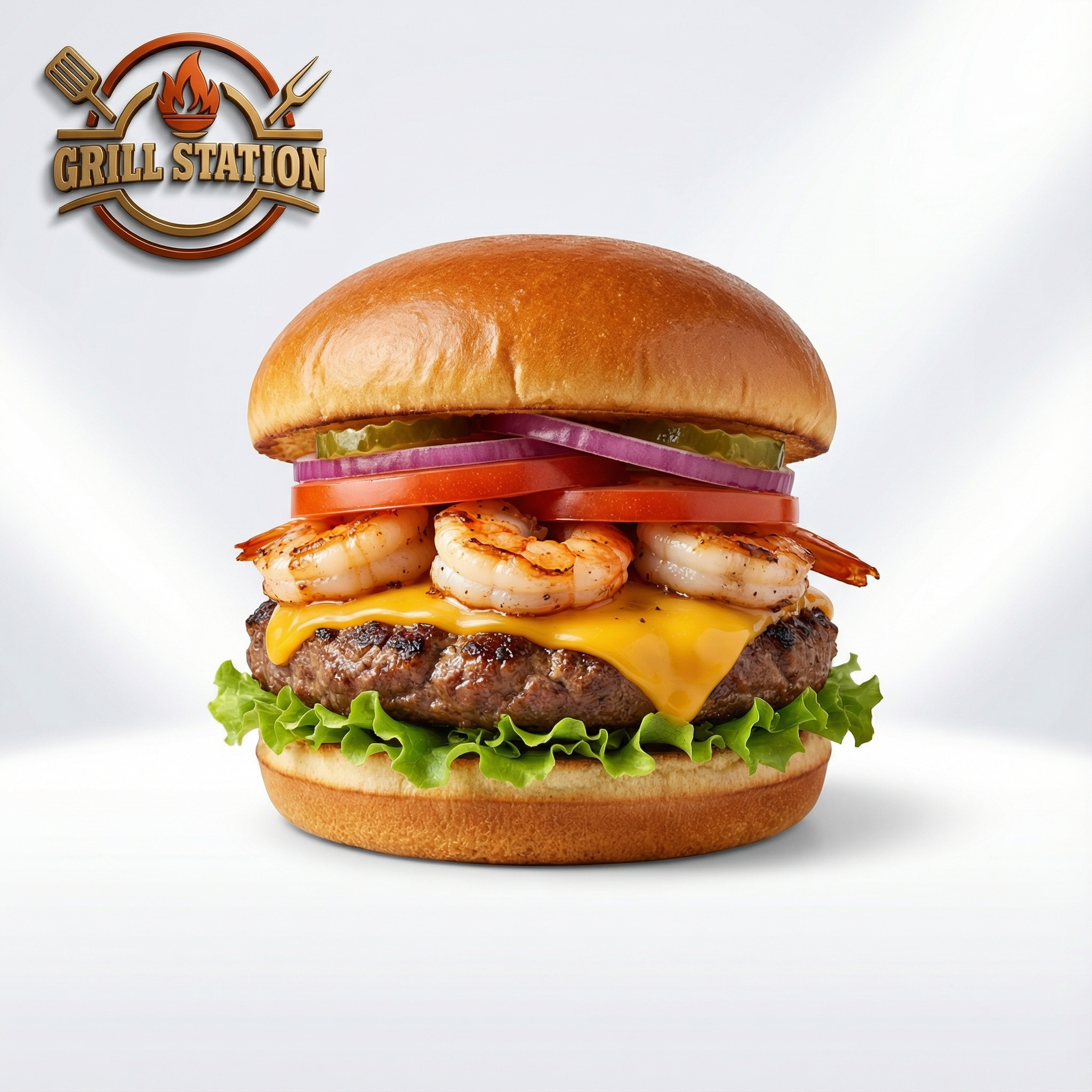 The Surf and Rail Express burger with grilled shrimp in Saskatoon, SK